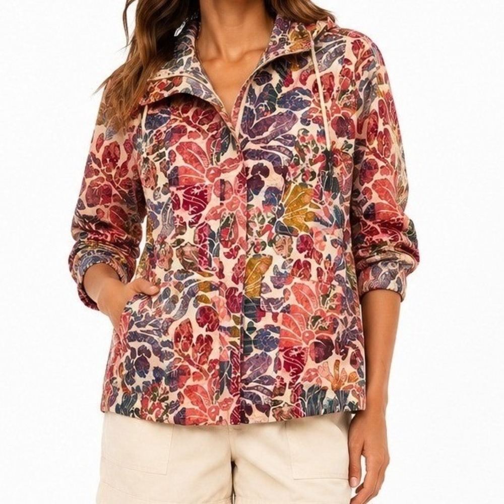 Peruvian Connection Floral Anorak Jacket Hooded Boho Utility Coat Size S